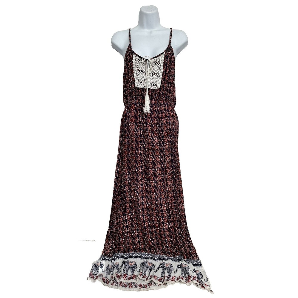 Hint Of Blush-  Maxi Dress Womens Navy / Burgundy Straps Boho Elephant Print Med